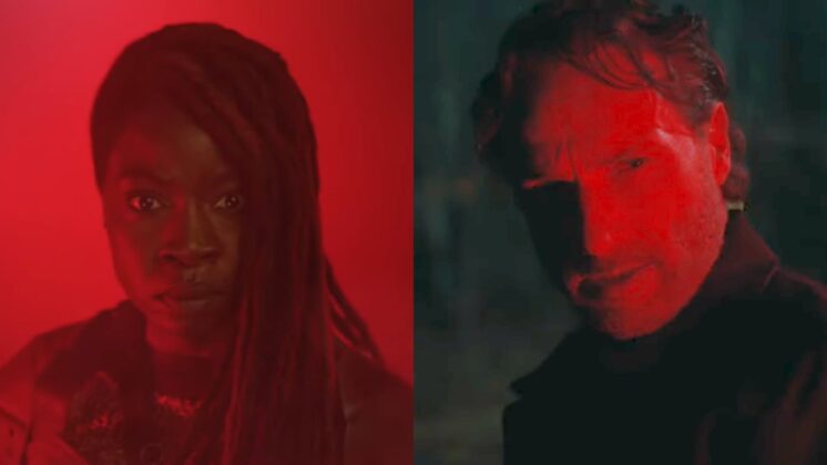 Vê-se os personagens Michonne em fundo vermelho e sobreamento escuro e Rick Grimes com efeito de imagem vermelho e fundo escuro.