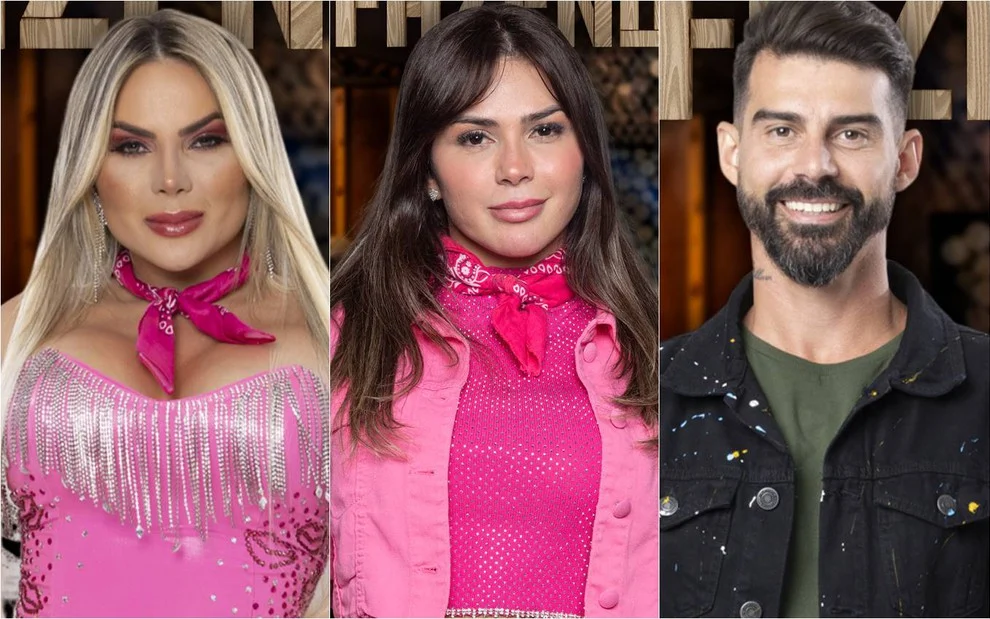 Kally Fonseca e Nadja Pessoa estão com roupas rosas. Radamés esta com casaco preto.