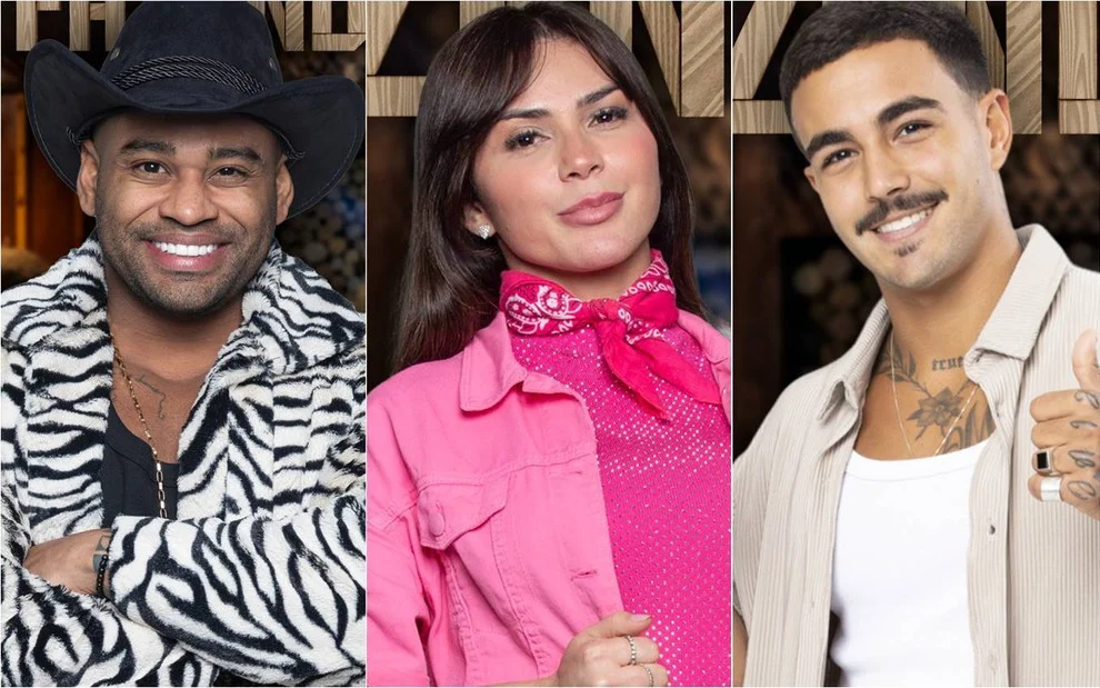 cezar está com jaqueta de zebra, nadja casaco rosa e yuri com camisa bege