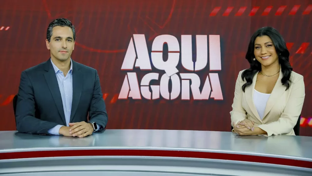 Dani Brandi e Marco Pagetti no cenário do Aqui Agora