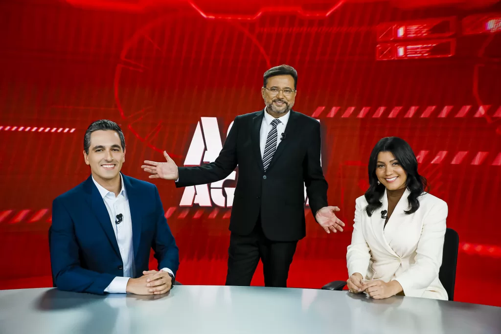 Marcos Pagetti, Geraldo Luis e Dani Brandi no cenário do Aqui Agora