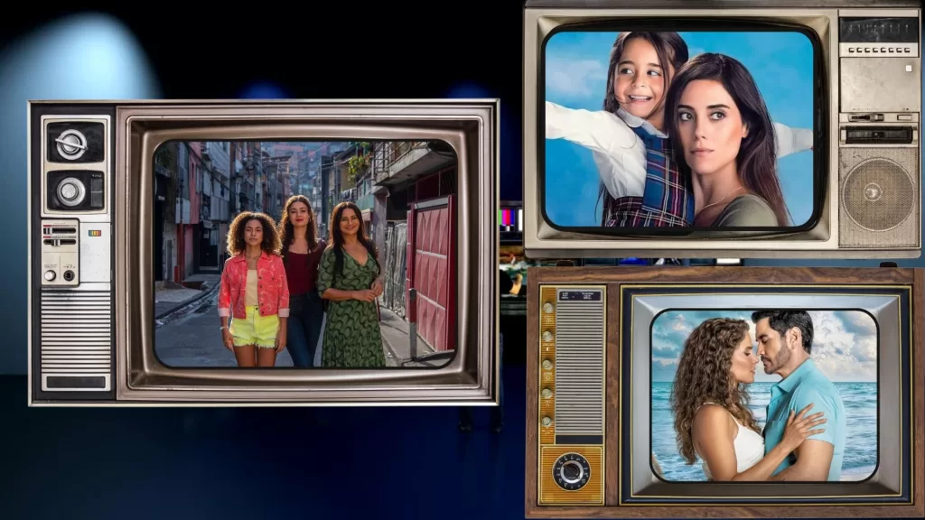Arte com três tvs e em cada uma delas cenas das novelas Três Graças, Mãe e A.Mar