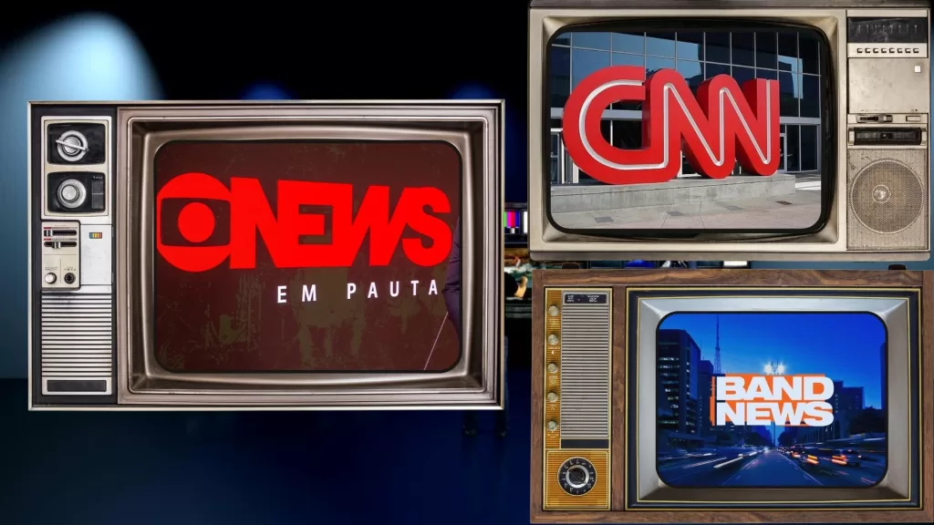 TVs com logos da GloboNews, CNN e Band News