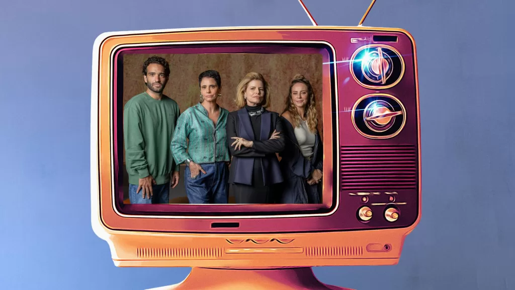 Família Roitman na tela de um televisor laranja