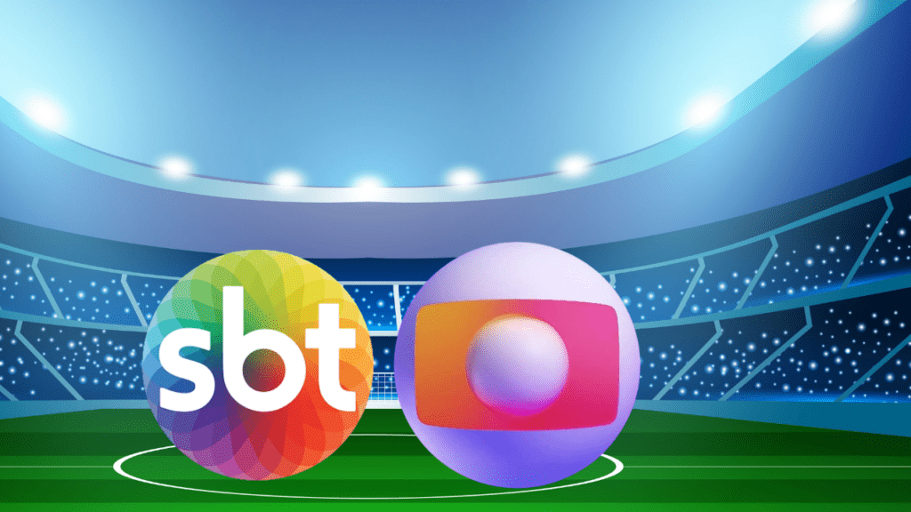 logos do SBT e Globo no campo de futebol